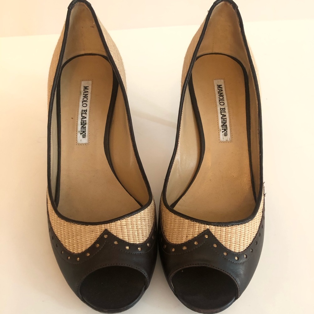 Manolo Blahnik nude and dark brown open toe pumps